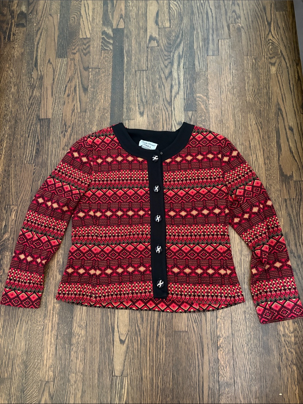 Red Geometric Knit Cardigan with Black Trim